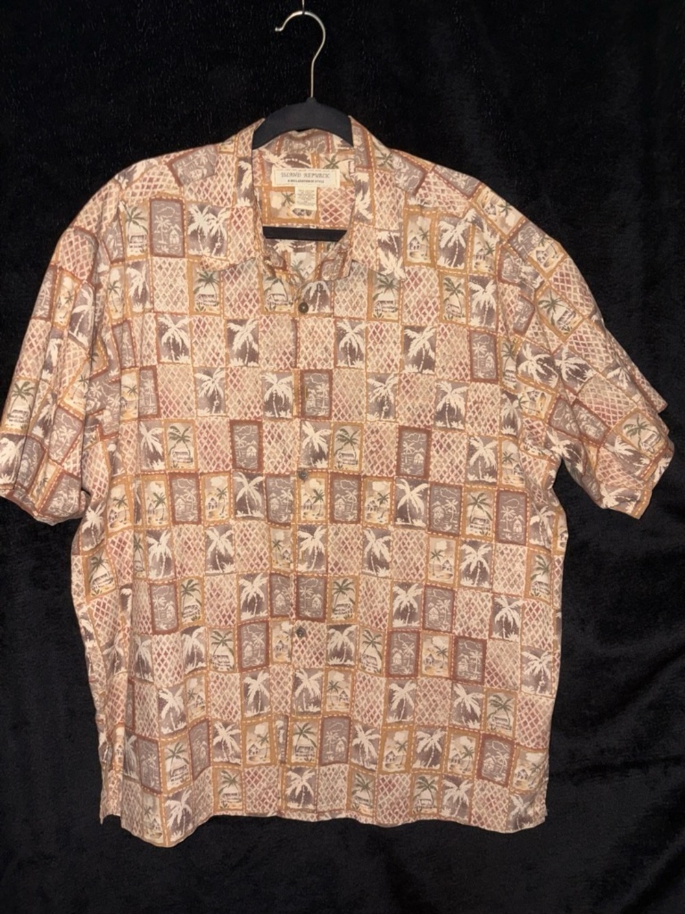 Island Republic Palm Grid Short Sleeve Button Down Shirt XL Brown Tan Beach EUC